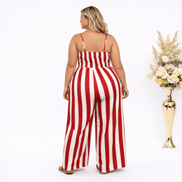 KissICON Jumpsuits Plus Size Red & White Stripe Tie Front Wide Leg Jumpsuit
