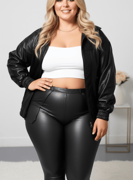 jkthpu-45 Plus Size Retro PU Biker Jacket AutumnWinter Chic Commute