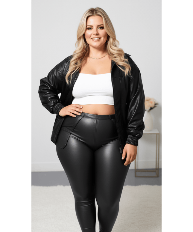 jkthpu-45 Plus Size Retro PU Biker Jacket AutumnWinter Chic Commute