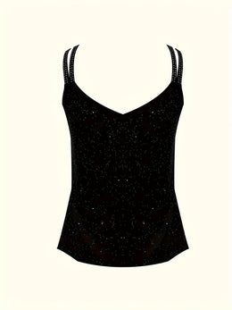 jkthpu-45 Plus Size Rhinestone Spaghetti Strap Tank Top – Adjustable & Stretchy