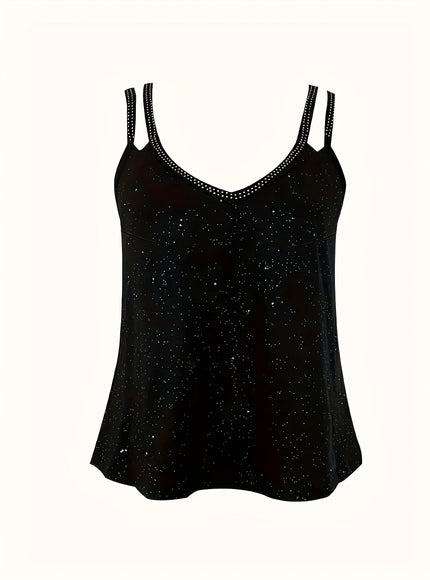 jkthpu-45 Plus Size Rhinestone Spaghetti Strap Tank Top – Adjustable & Stretchy