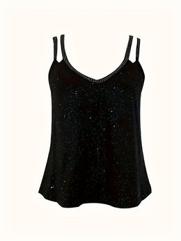 jkthpu-45 Plus Size Rhinestone Spaghetti Strap Tank Top – Adjustable & Stretchy