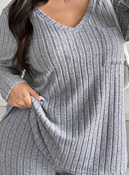 jkthpu-45 Plus Size Ribbed Color Block VNeck Casual Set