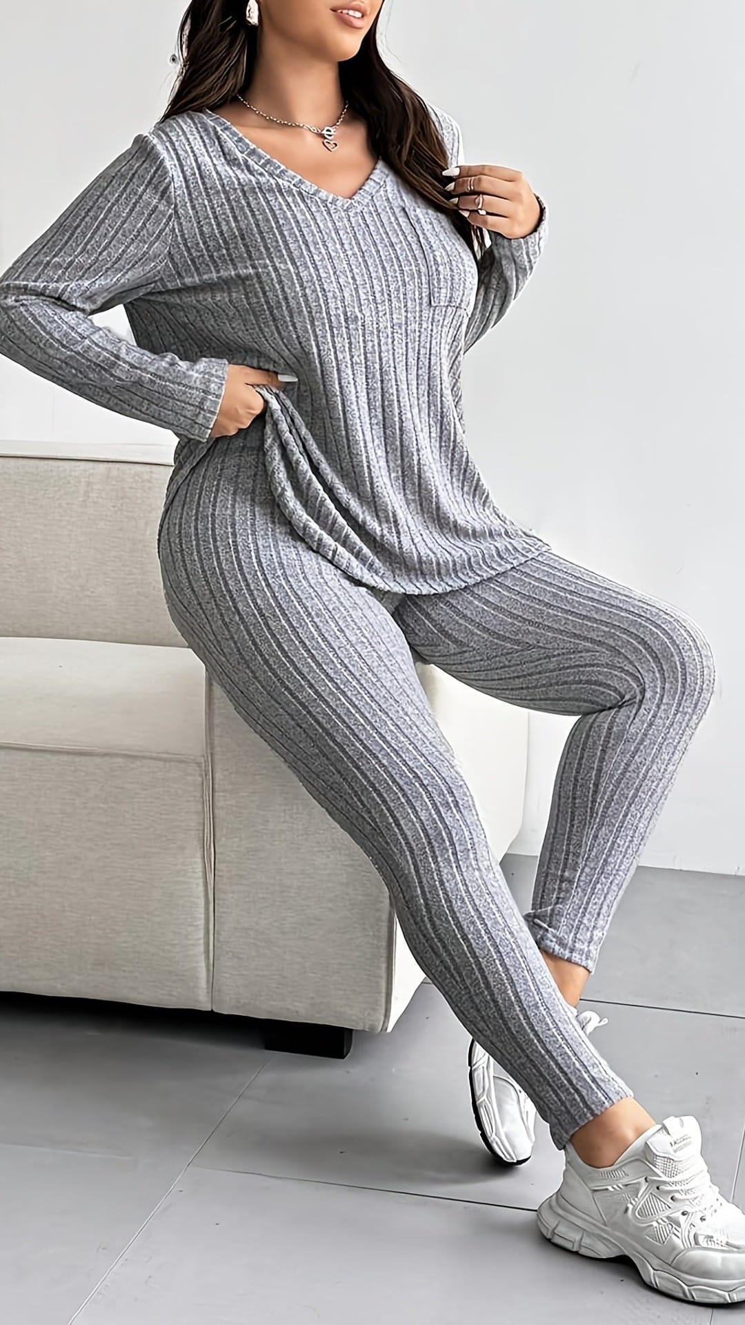 jkthpu-45 Plus Size Ribbed Color Block VNeck Casual Set
