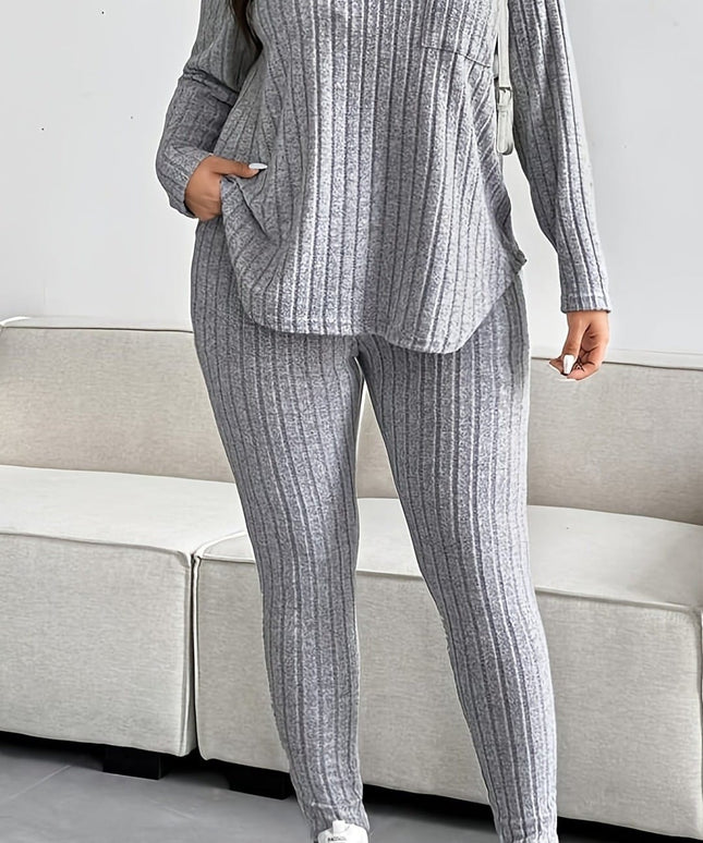 jkthpu-45 Plus Size Ribbed Color Block VNeck Casual Set