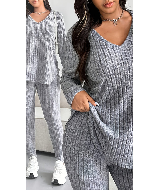 jkthpu-45 Plus Size Ribbed Color Block VNeck Casual Set