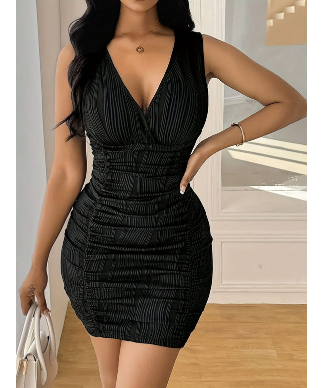 jkthpu-45 Plus Size Ribbed V-Neck Bodycon Dress - Elegant Sleeveless Fit & Flare Mini Dress with Ruched Detail, Allseason Casual Wear, Casual Plus Size Dress | Ribbed Texture Dress | Stretchy Fabric Dress