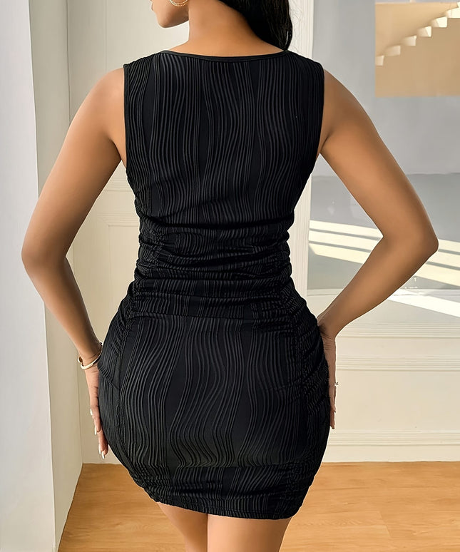 jkthpu-45 Plus Size Ribbed V-Neck Bodycon Dress - Elegant Sleeveless Fit & Flare Mini Dress with Ruched Detail, Allseason Casual Wear, Casual Plus Size Dress | Ribbed Texture Dress | Stretchy Fabric Dress