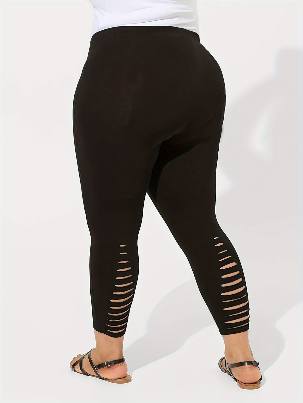 jkthpu-45 Plus Size Ripped Hem Skinny Pants  Stretchy Black