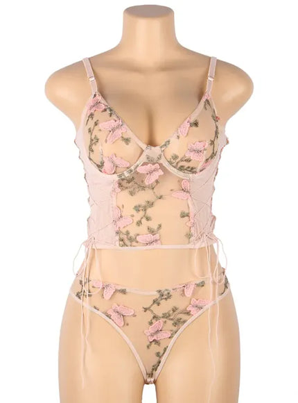 KissICON Plus Size Romantic Butterfly Women Bra and Panties Erotic Embroidery Underwear Set Erotic Sexy Lingerie Set
