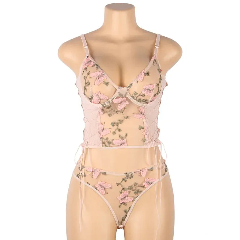 KissICON Plus Size Romantic Butterfly Women Bra and Panties Erotic Embroidery Underwear Set Erotic Sexy Lingerie Set