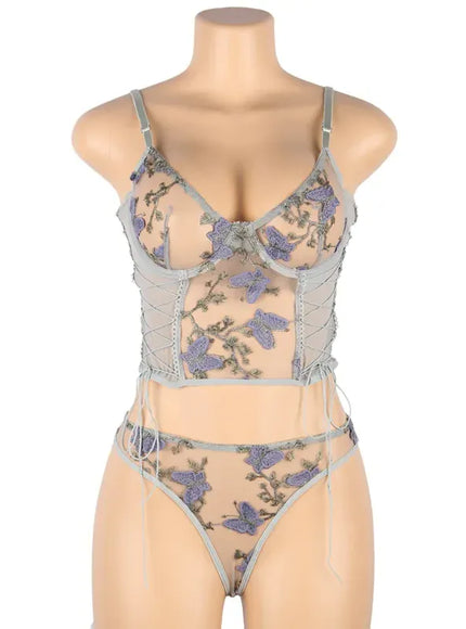 KissICON Plus Size Romantic Butterfly Women Bra and Panties Erotic Embroidery Underwear Set Erotic Sexy Lingerie Set