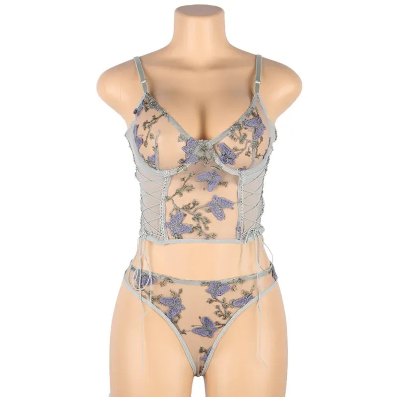 KissICON Plus Size Romantic Butterfly Women Bra and Panties Erotic Embroidery Underwear Set Erotic Sexy Lingerie Set