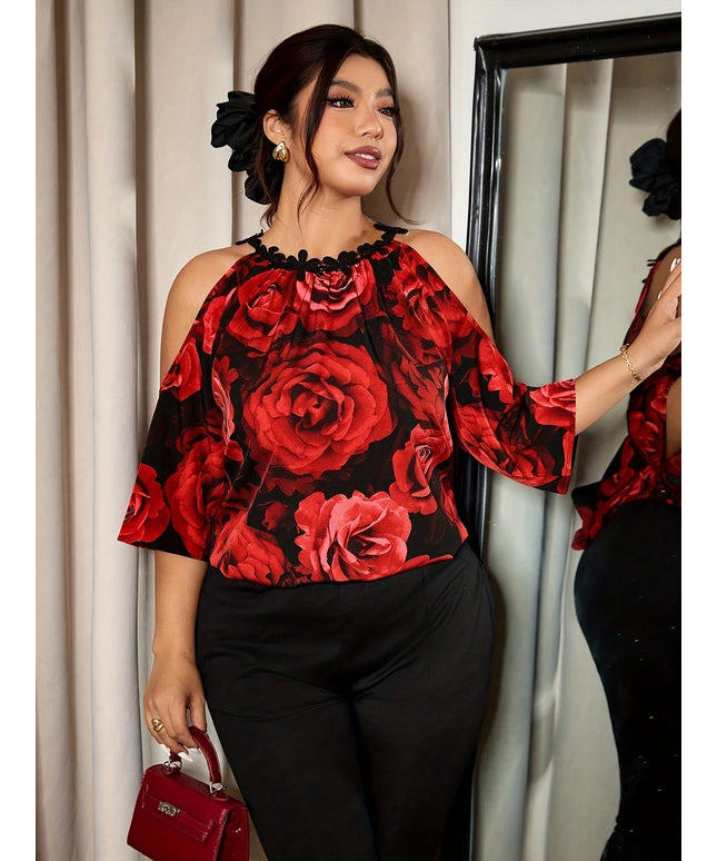 jkthpu-45 Plus Size Rose Print Blouse – Lace Collar & Open Cuff Three-Quarter Sleeve
