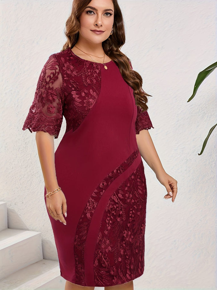 Plus Size, 's Blue & Navy Blue Short Sleeve A-Line Dress with Intricate Light Blue Lace-like Chinese Embroidery - Slim-Fit Summer Wedding Guest Dress, Party & Semi-Formal Attire, Machine Washable