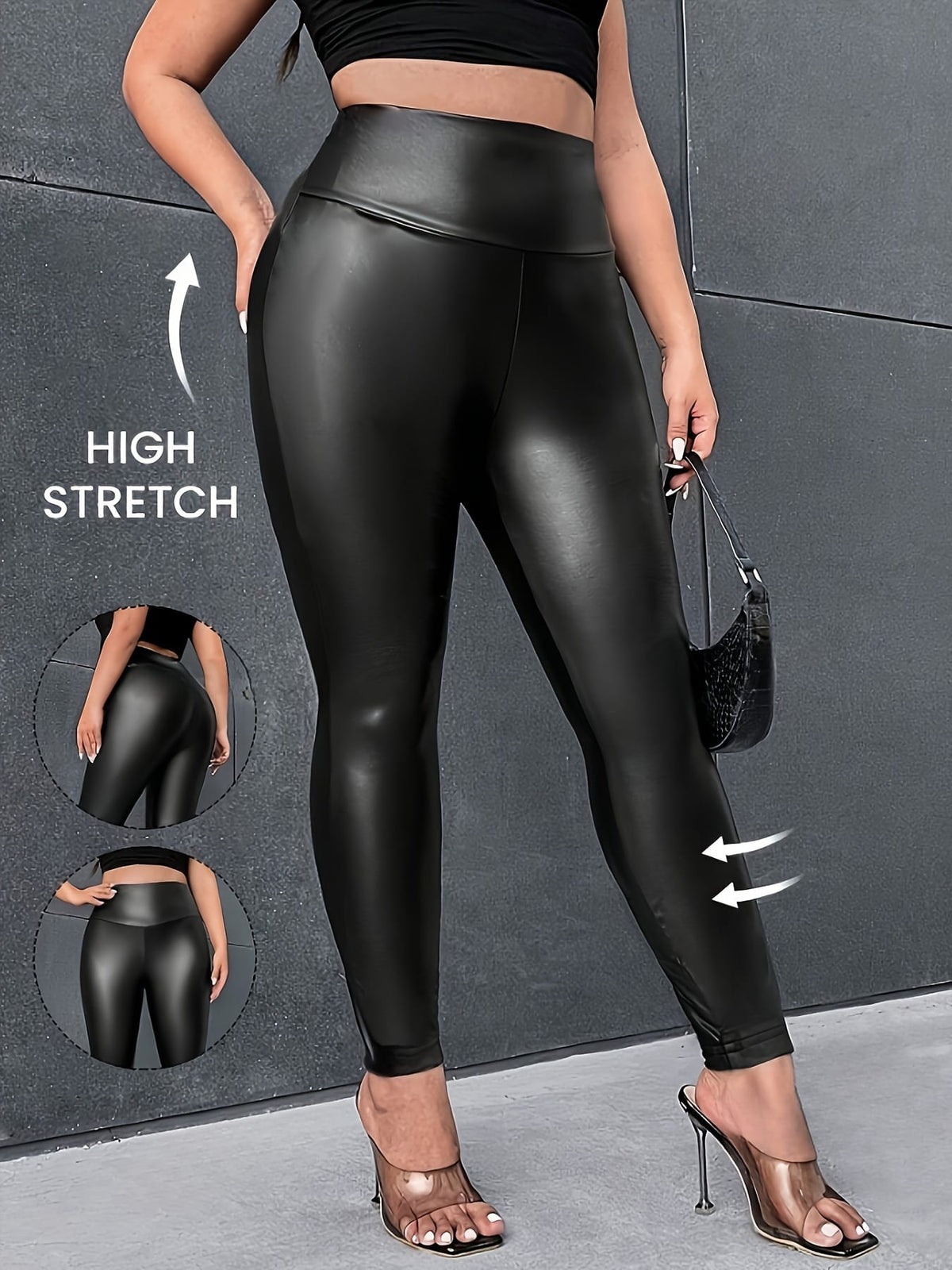 jkthpu-45 Plus Size, 's Elegant Black PU Leather Leggings