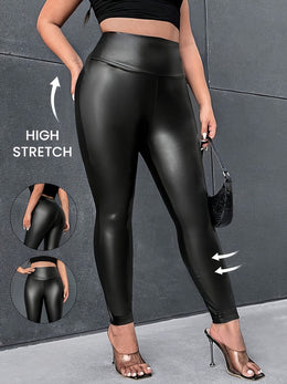 jkthpu-45 Plus Size, 's Elegant Black PU Leather Leggings