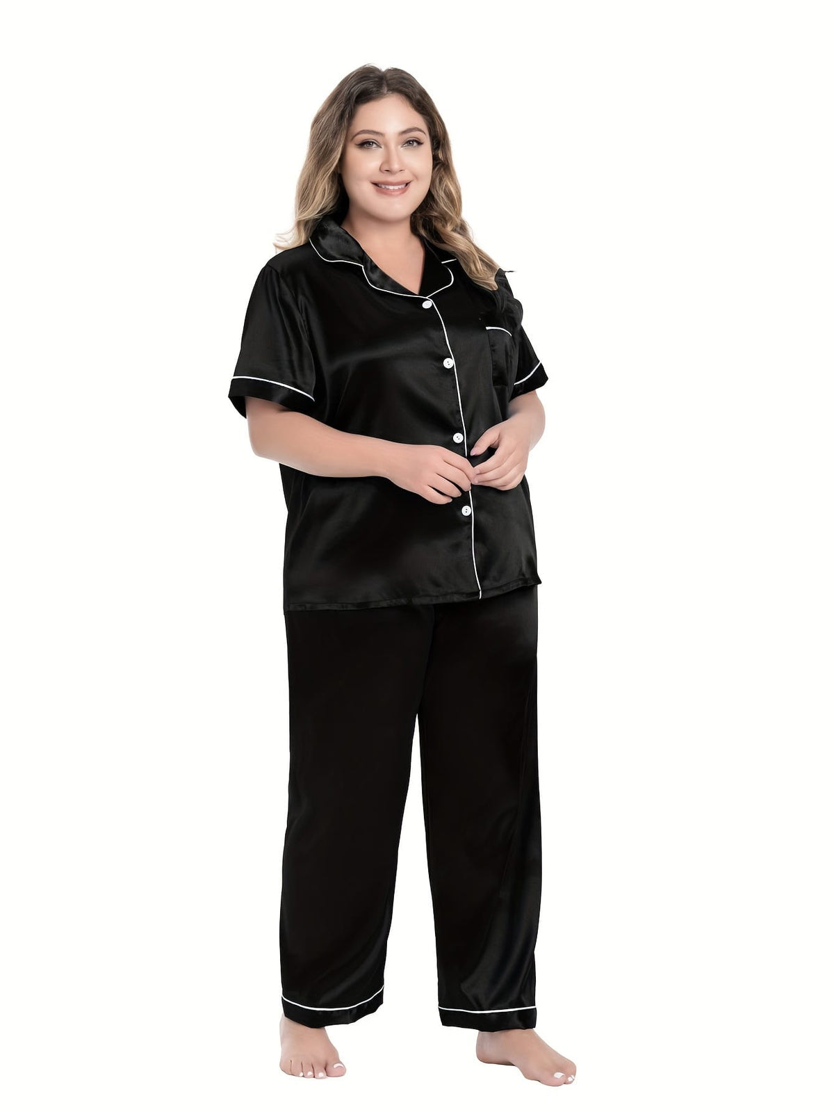 jkthpu-45 [Plus Size Satin Pajamas Suit] Plus Size Black