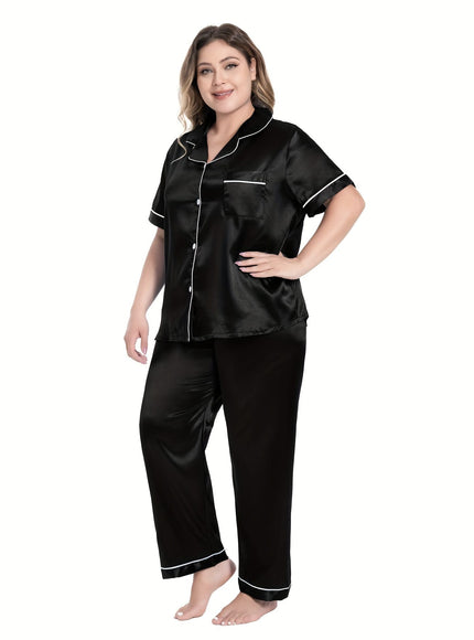 jkthpu-45 [Plus Size Satin Pajamas Suit] Plus Size Black