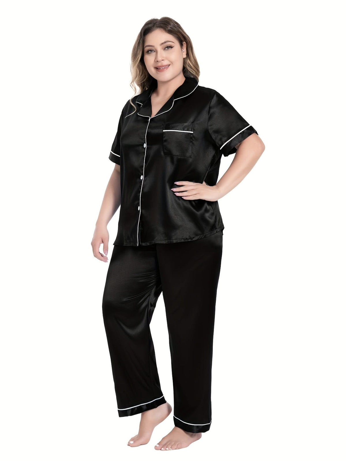jkthpu-45 [Plus Size Satin Pajamas Suit] Plus Size Black