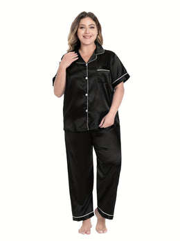jkthpu-45 [Plus Size Satin Pajamas Suit] Plus Size Black