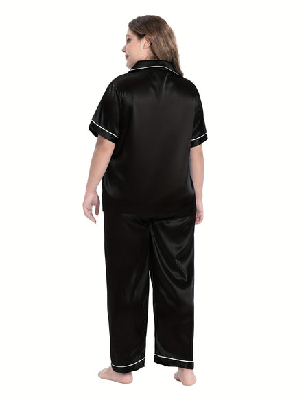 jkthpu-45 [Plus Size Satin Pajamas Suit] Plus Size Black