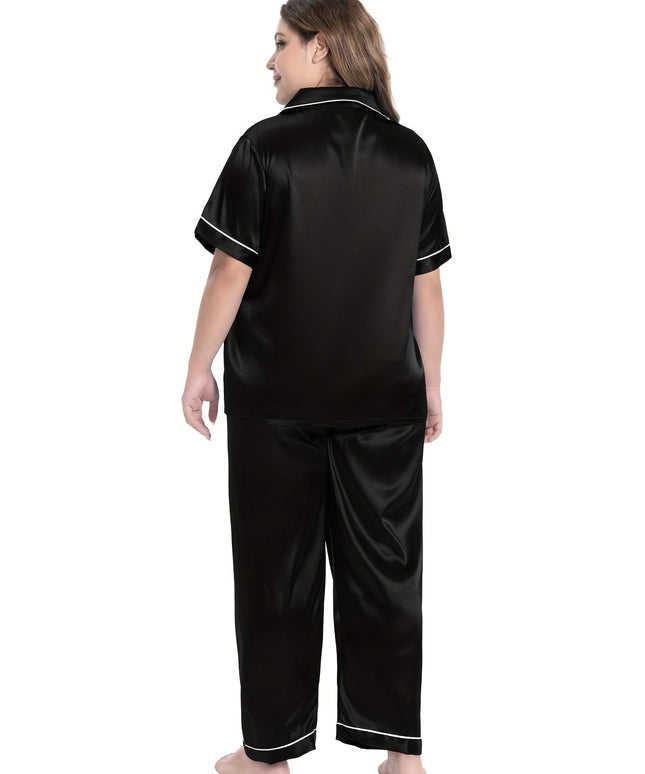 jkthpu-45 [Plus Size Satin Pajamas Suit] Plus Size Black