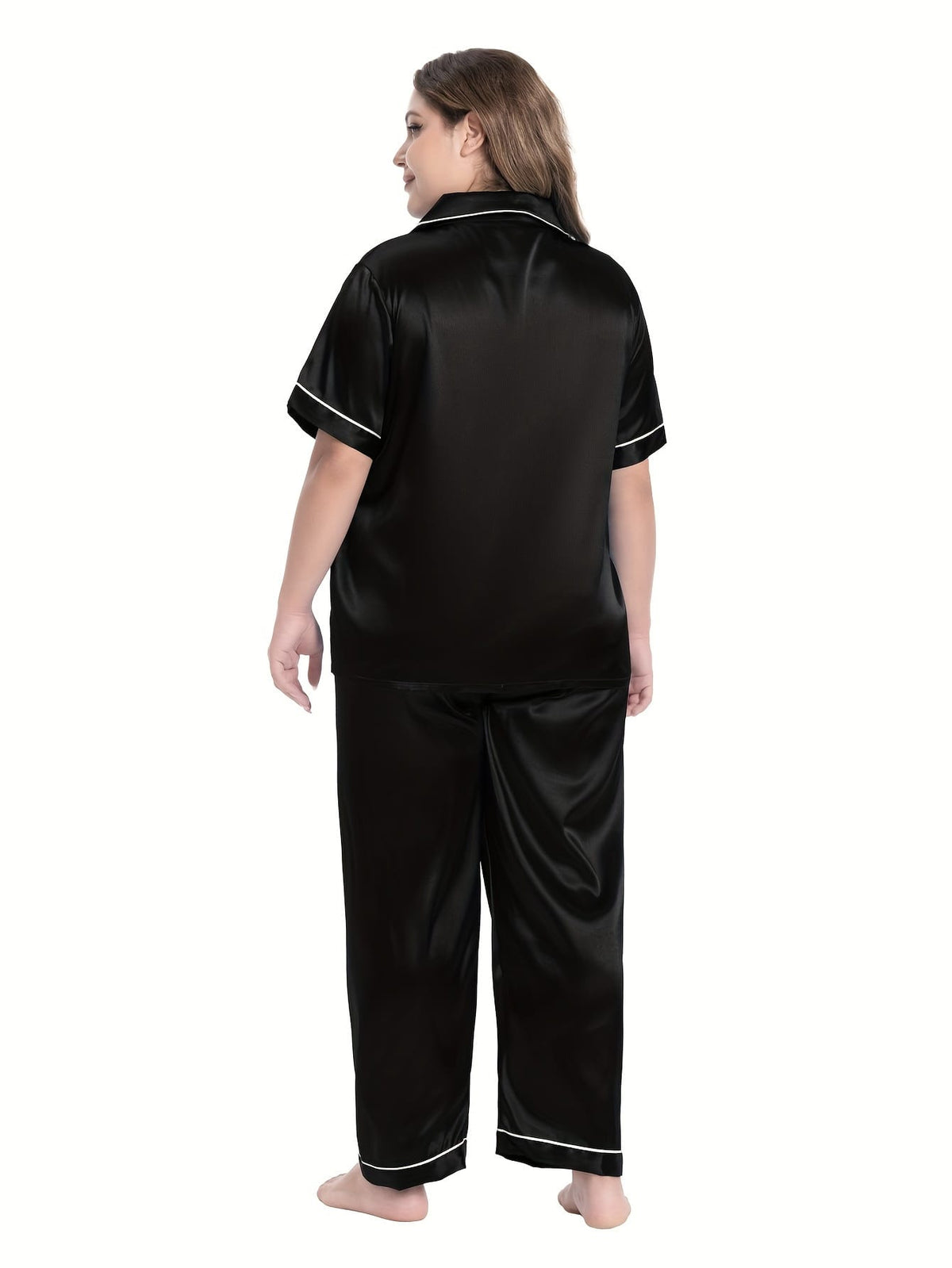 jkthpu-45 [Plus Size Satin Pajamas Suit] Plus Size Black