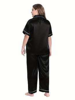 jkthpu-45 [Plus Size Satin Pajamas Suit] Plus Size Black