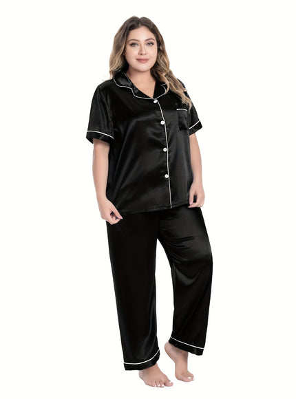 jkthpu-45 [Plus Size Satin Pajamas Suit] Plus Size Black