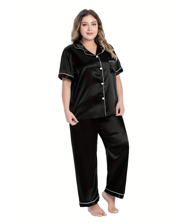 jkthpu-45 [Plus Size Satin Pajamas Suit] Plus Size Black