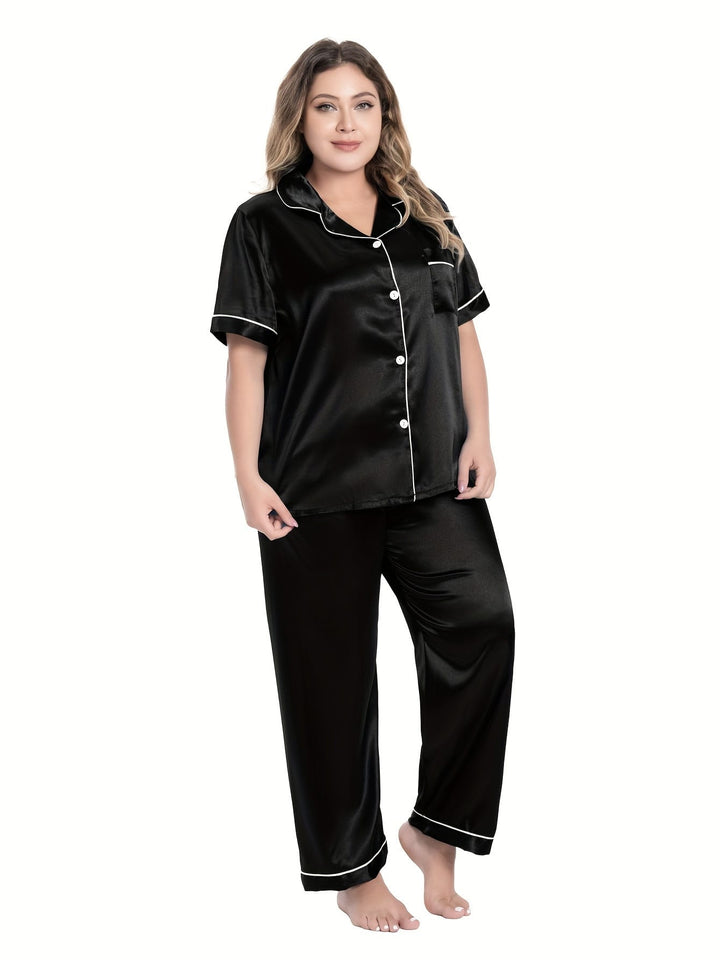 [Plus Size Satin Pajamas Suit] Plus Size Black
