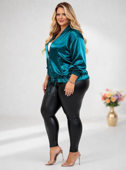 KissICON Outerwear Plus Size Satin Peacock Blue Drawstring Jacket