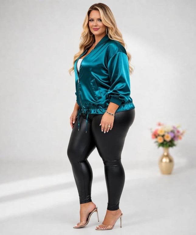 KissICON Outerwear Plus Size Satin Peacock Blue Drawstring Jacket