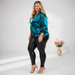KissICON Outerwear Plus Size Satin Peacock Blue Drawstring Jacket