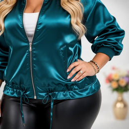 KissICON Outerwear Plus Size Satin Peacock Blue Drawstring Jacket
