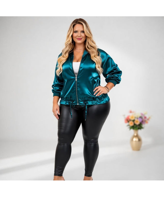 KissICON Outerwear Plus Size Satin Peacock Blue Drawstring Jacket
