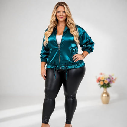 KissICON Outerwear Plus Size Satin Peacock Blue Drawstring Jacket