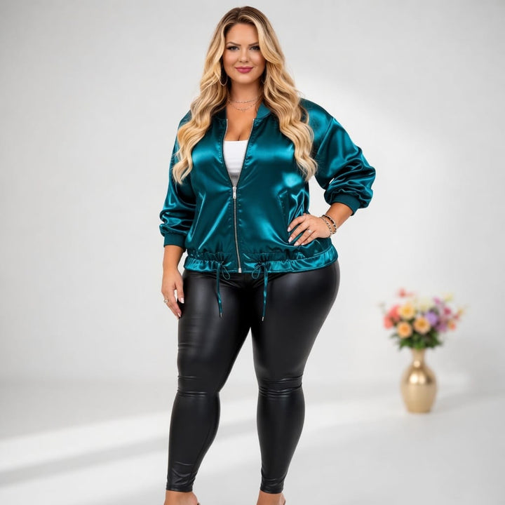 Plus Size Satin Peacock Blue Drawstring Jacket