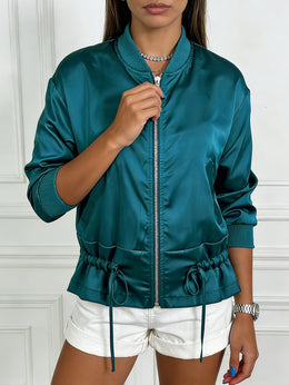 KissICON Outerwear Plus Size Satin Peacock Blue Drawstring Jacket