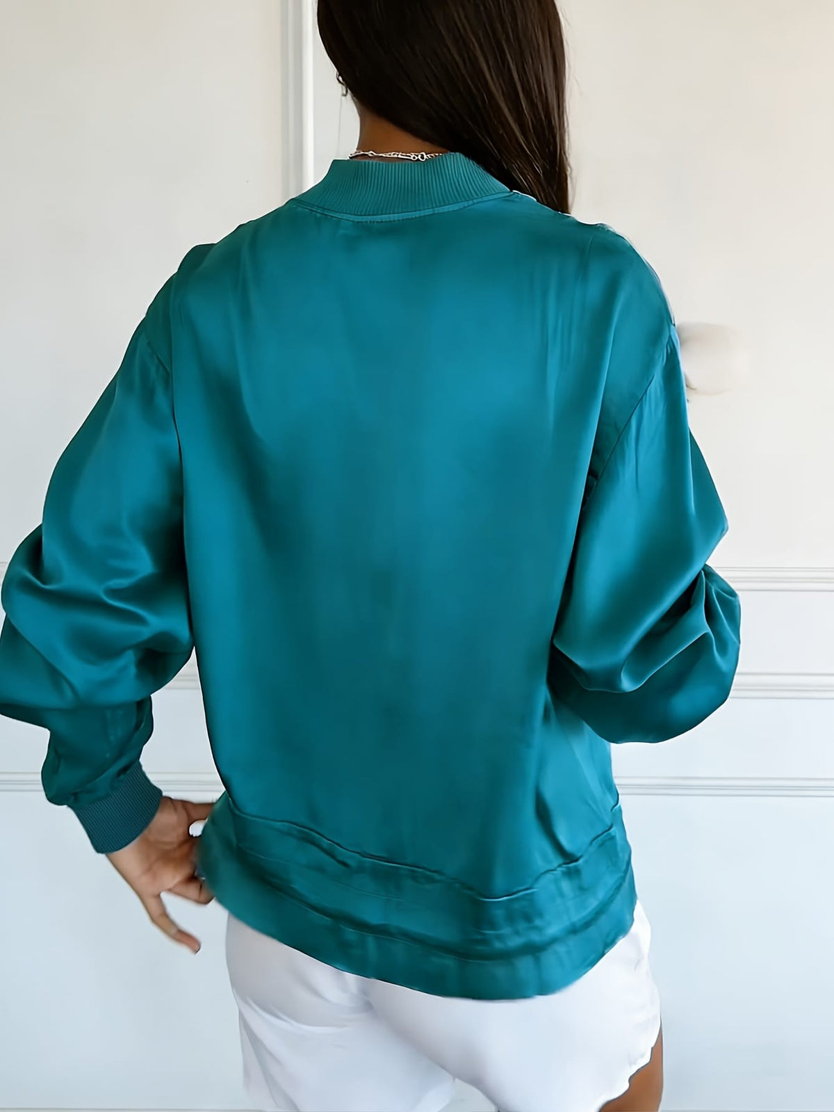 KissICON Outerwear Plus Size Satin Peacock Blue Drawstring Jacket
