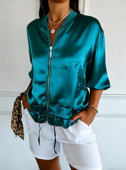 KissICON Outerwear Plus Size Satin Peacock Blue Drawstring Jacket