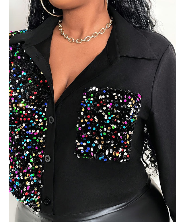 jkthpu-45 Plus Size Sequin Patchwork Shirt – Long Sleeve Lapel Party Blouse