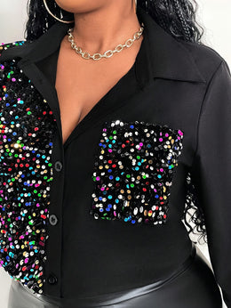 jkthpu-45 Plus Size Sequin Patchwork Shirt – Long Sleeve Lapel Party Blouse