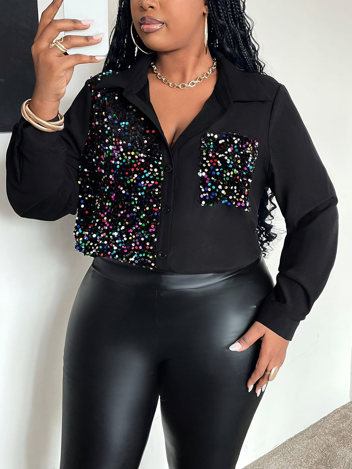 jkthpu-45 Plus Size Sequin Patchwork Shirt – Long Sleeve Lapel Party Blouse