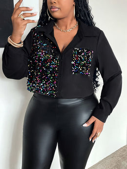 jkthpu-45 Plus Size Sequin Patchwork Shirt – Long Sleeve Lapel Party Blouse