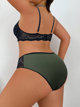jkthpu-45 Plus Size Sexy Army Green Lace Sheer Bra  Panty Set