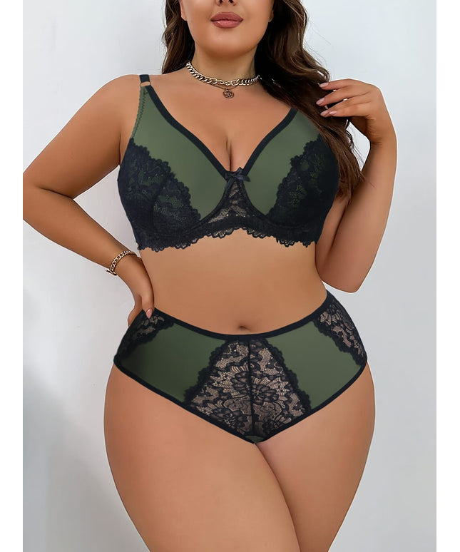 jkthpu-45 Plus Size Sexy Army Green Lace Sheer Bra  Panty Set