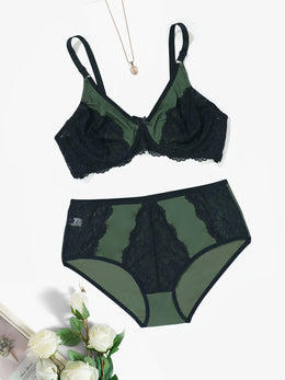 jkthpu-45 Plus Size Sexy Army Green Lace Sheer Bra  Panty Set