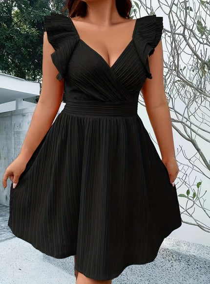 jkthpu-45 Plus Size Sexy Dress, Women's Plus Solid Ribbed Butterfly Sleeve V Neck A-line Knee Length Dress